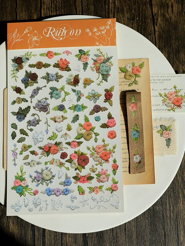 Flower Embroidery Matte Rub-on Transfers 1 Sheet