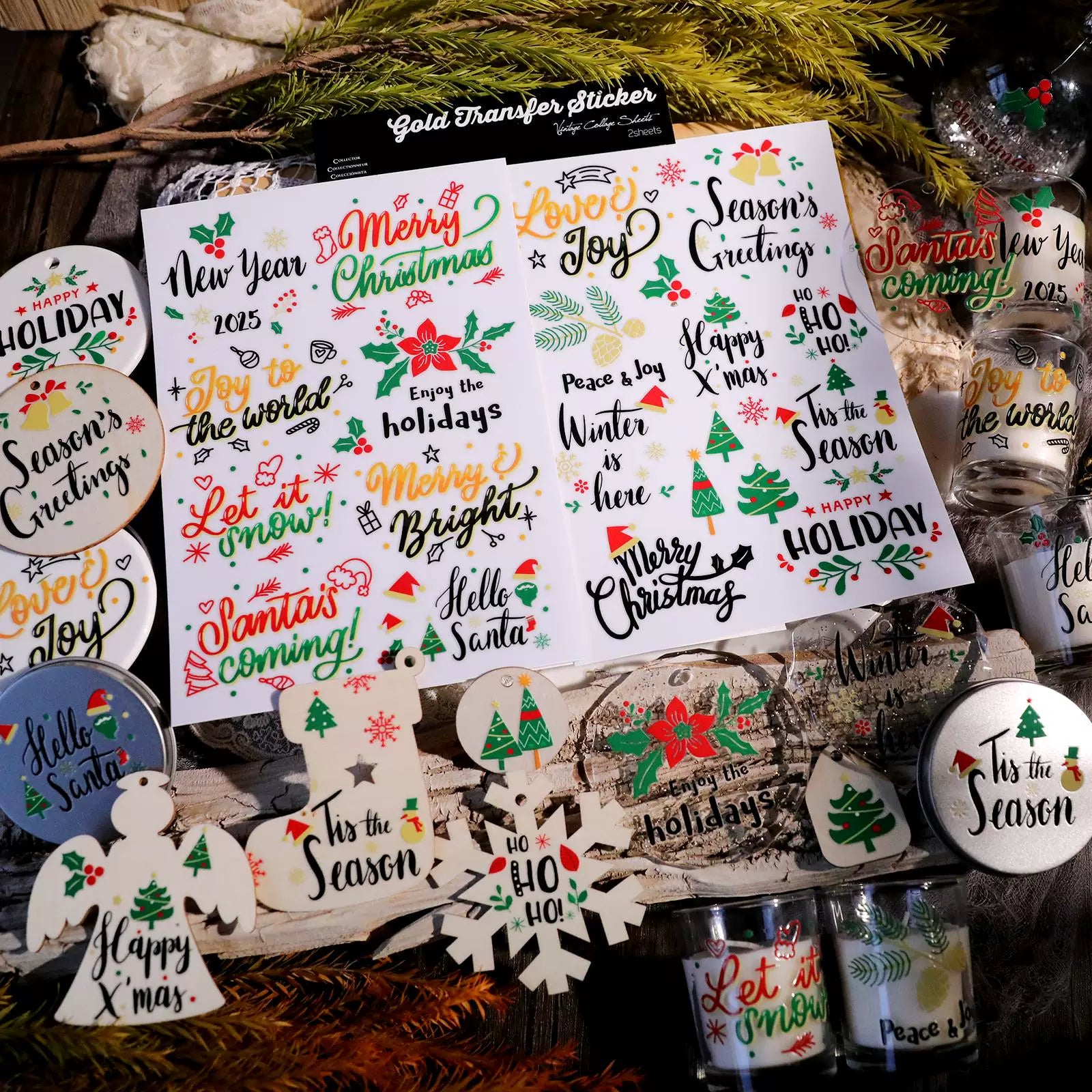 Christmas Leaf Quotes UV-DTF Rub-on Stickers