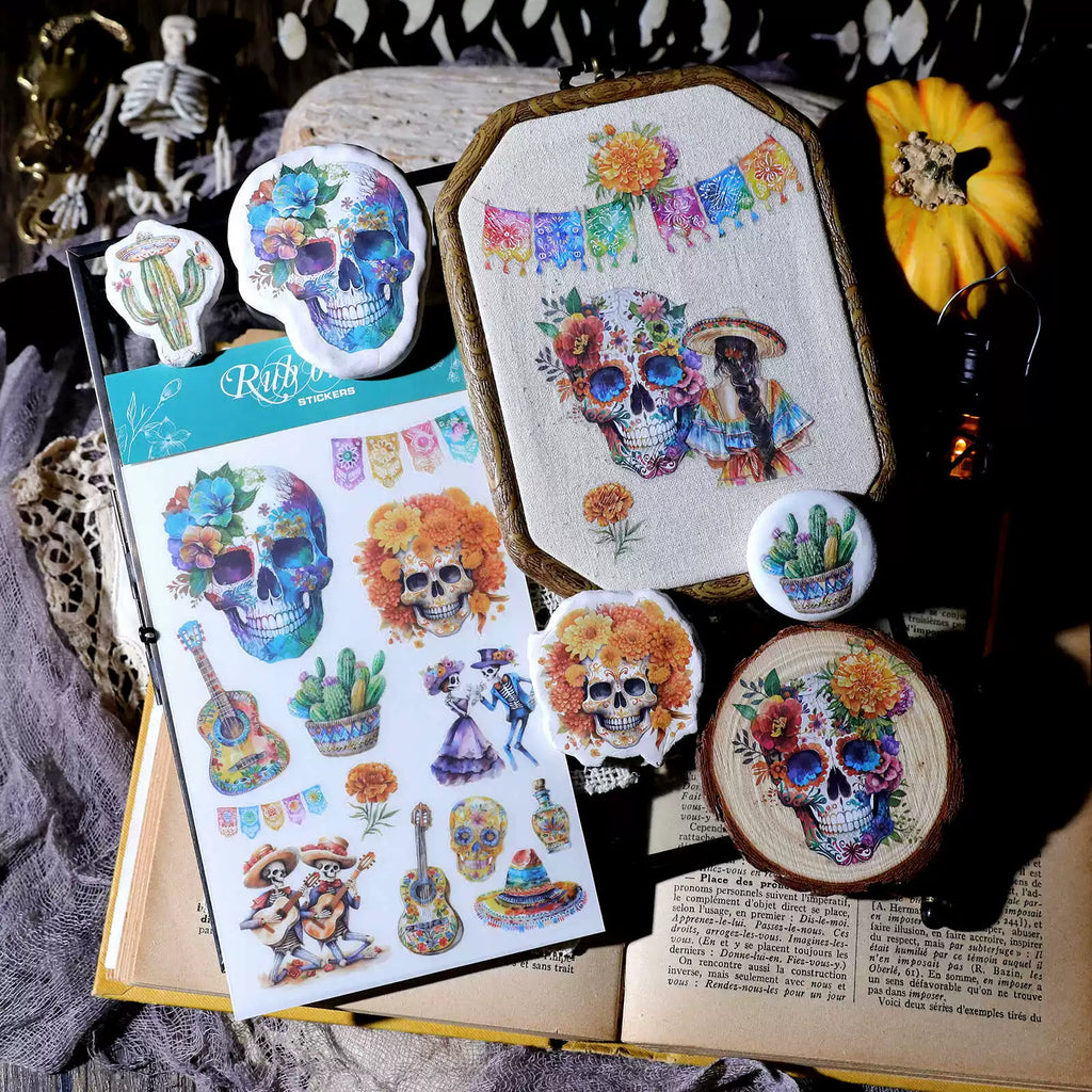 Day of the Dead Halloween Skull Matte Rub-on Transfers 2 Small Sheets