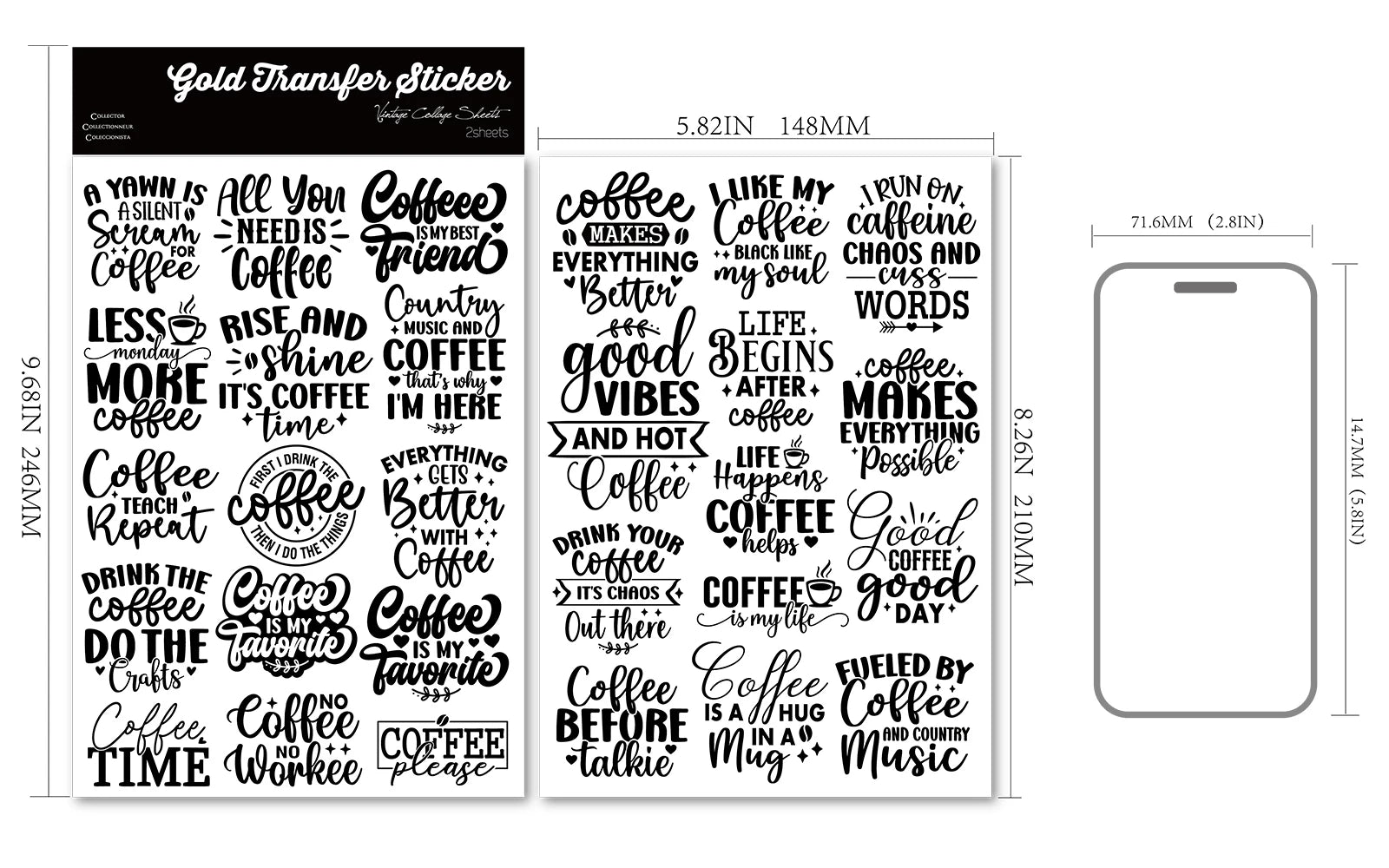 Coffee Phrases UV-DTF Rub-on Stickers