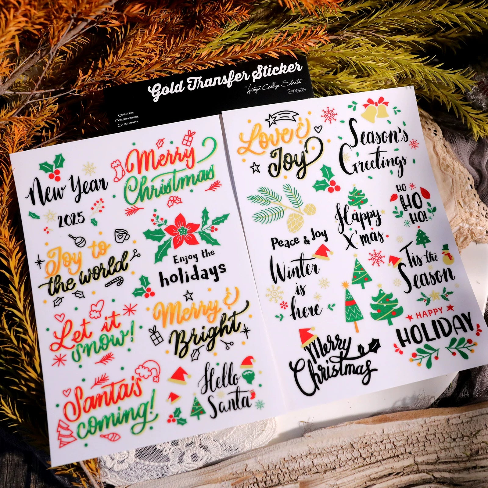 Christmas Leaf Quotes UV-DTF Rub-on Stickers