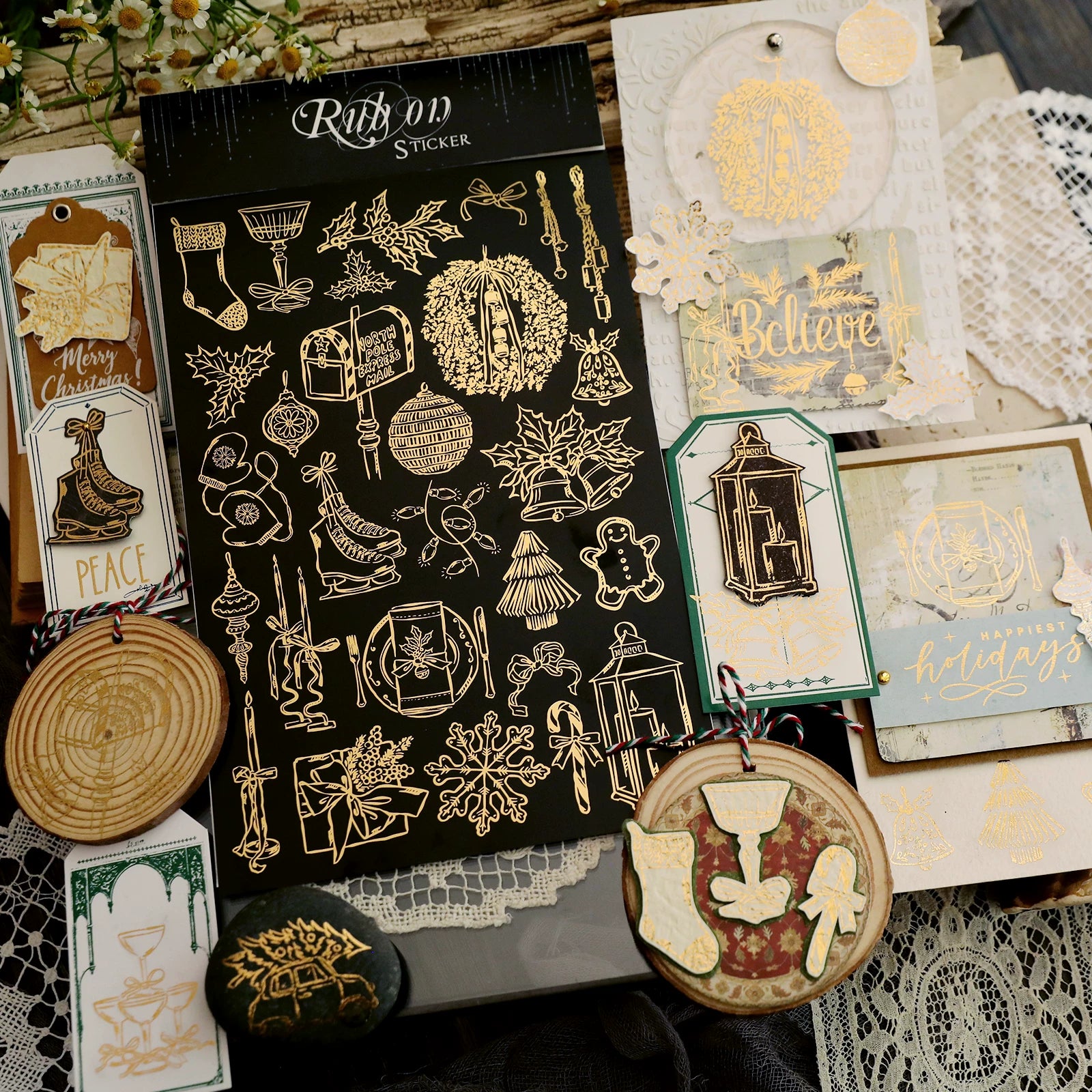Gold Foil Christmas Rub-on Transfer Stickers