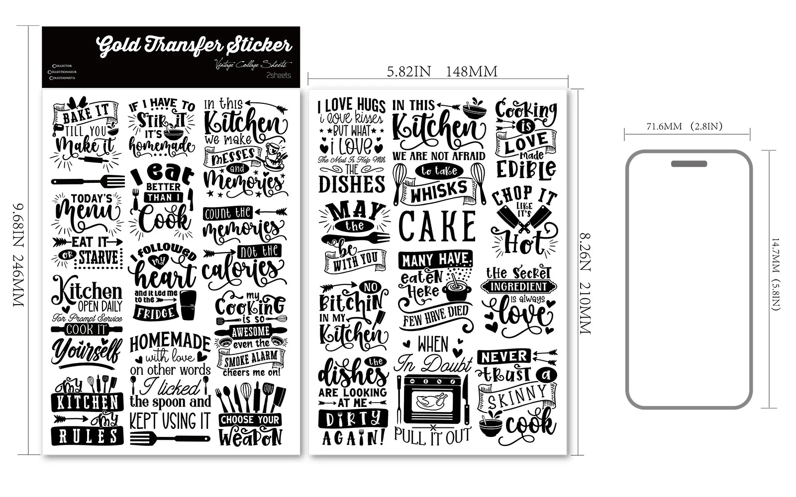Kitchen Phrases UV-DTF Rub-on Stickers