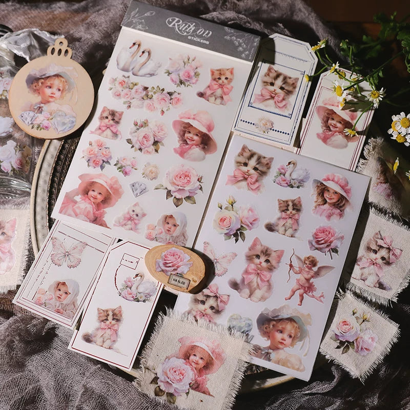 Kitten and Girl Matte Rub-on Transfers 2 Small Sheets