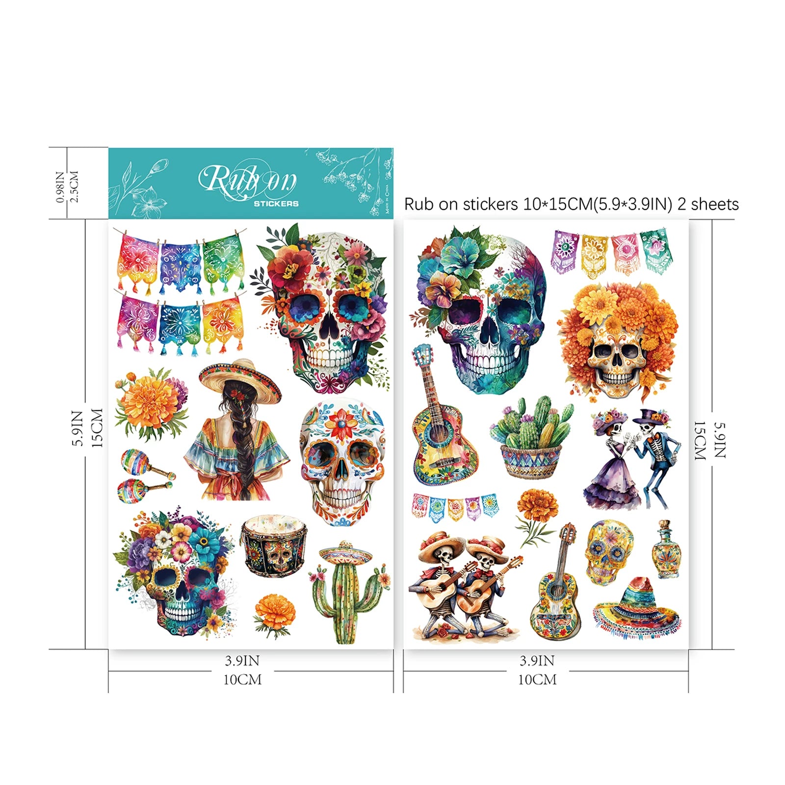Day of the Dead Halloween Skull Matte Rub-on Transfers 2 Small Sheets