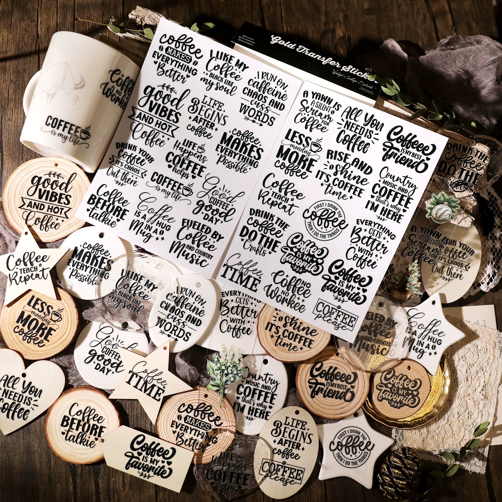 Coffee Phrases UV-DTF Rub-on Stickers