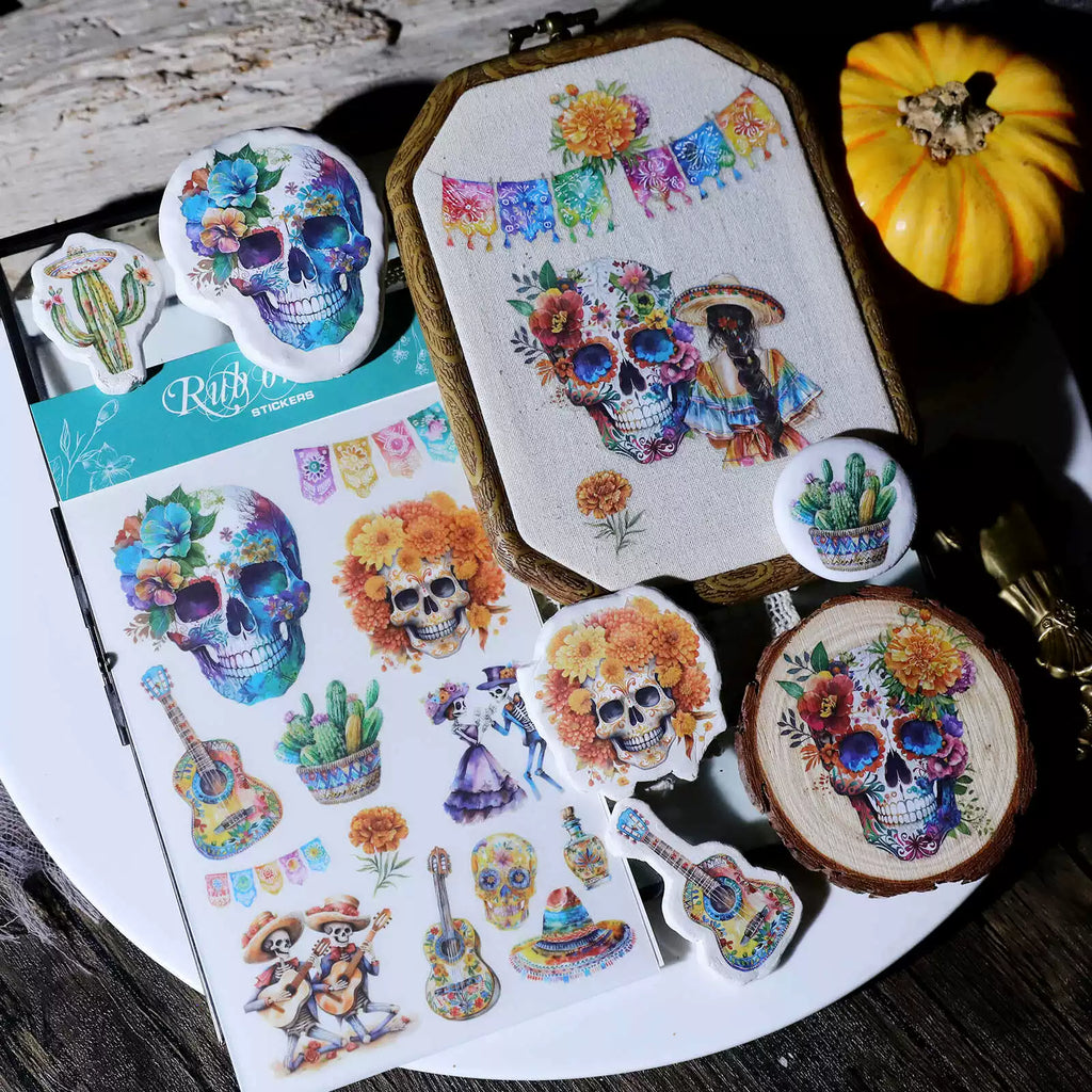 Day of the Dead Halloween Skull Matte Rub-on Transfers 2 Small Sheets