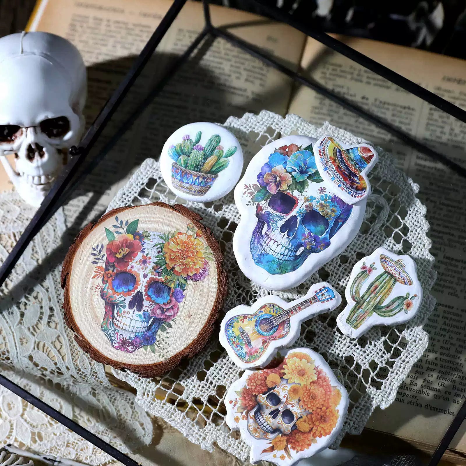 Day of the Dead Halloween Skull Matte Rub-on Transfers 2 Small Sheets