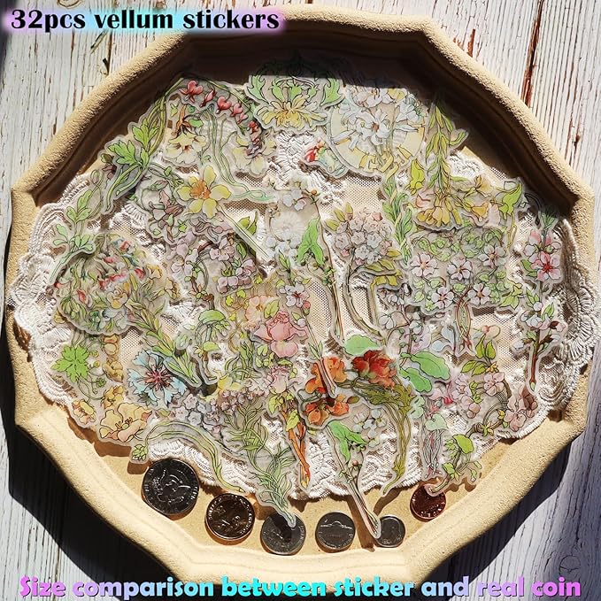 Vintage Watercolor Flowers Vellum Stickers
